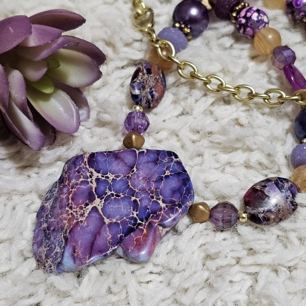 Artisan Necklace Earrings and Bracelet Set Purple Gold Magenta Stone Beads - Picture 8 of 15